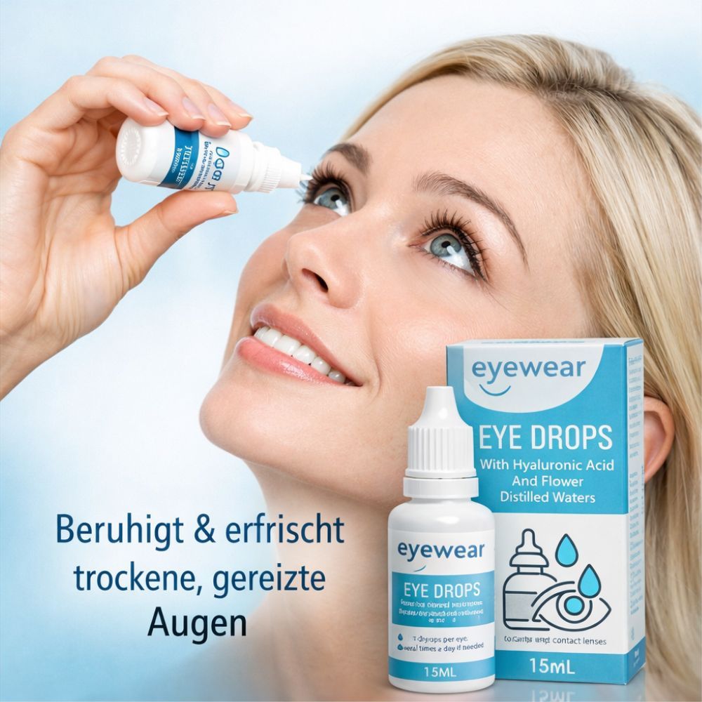 Frau tropft Augentropfen ins Auge. Flasche und Schachtel im Hintergrund. Text: "eye wear EYE DROPS". Enthält Hyaluronsäure und Blütenwasser. 15ml.