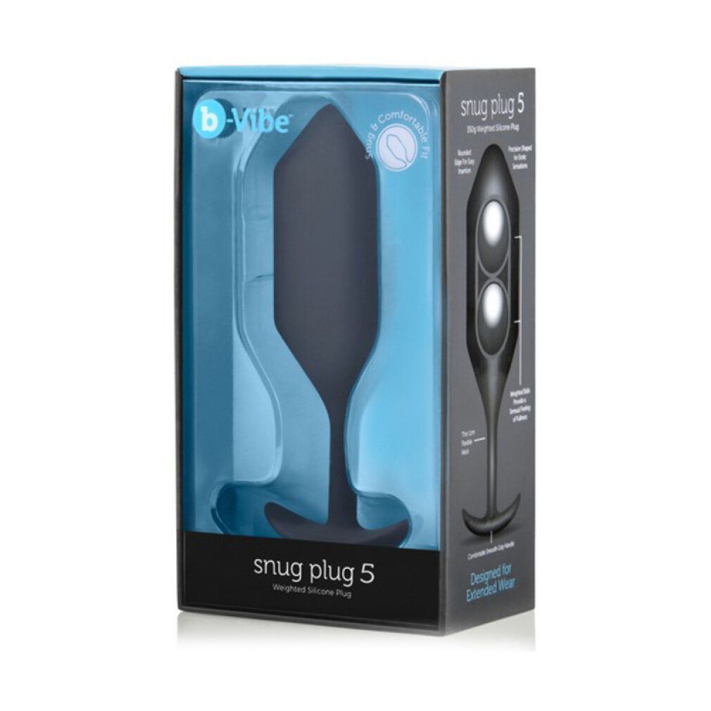 Verpackung mit schwarzem Plug. Produktname: Snug Plug 5. Marke: b-Vibe. Sichtbar durch transparente Front.