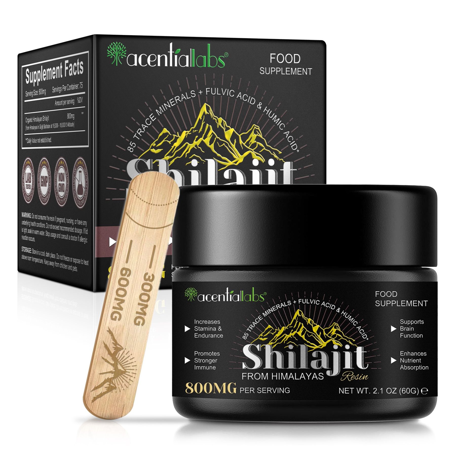 Schachtel, Glas und Holzstäbchen mit Shilajit. Text: acentialabs, Shilajit, 800mg pro Portion. Food Supplement.