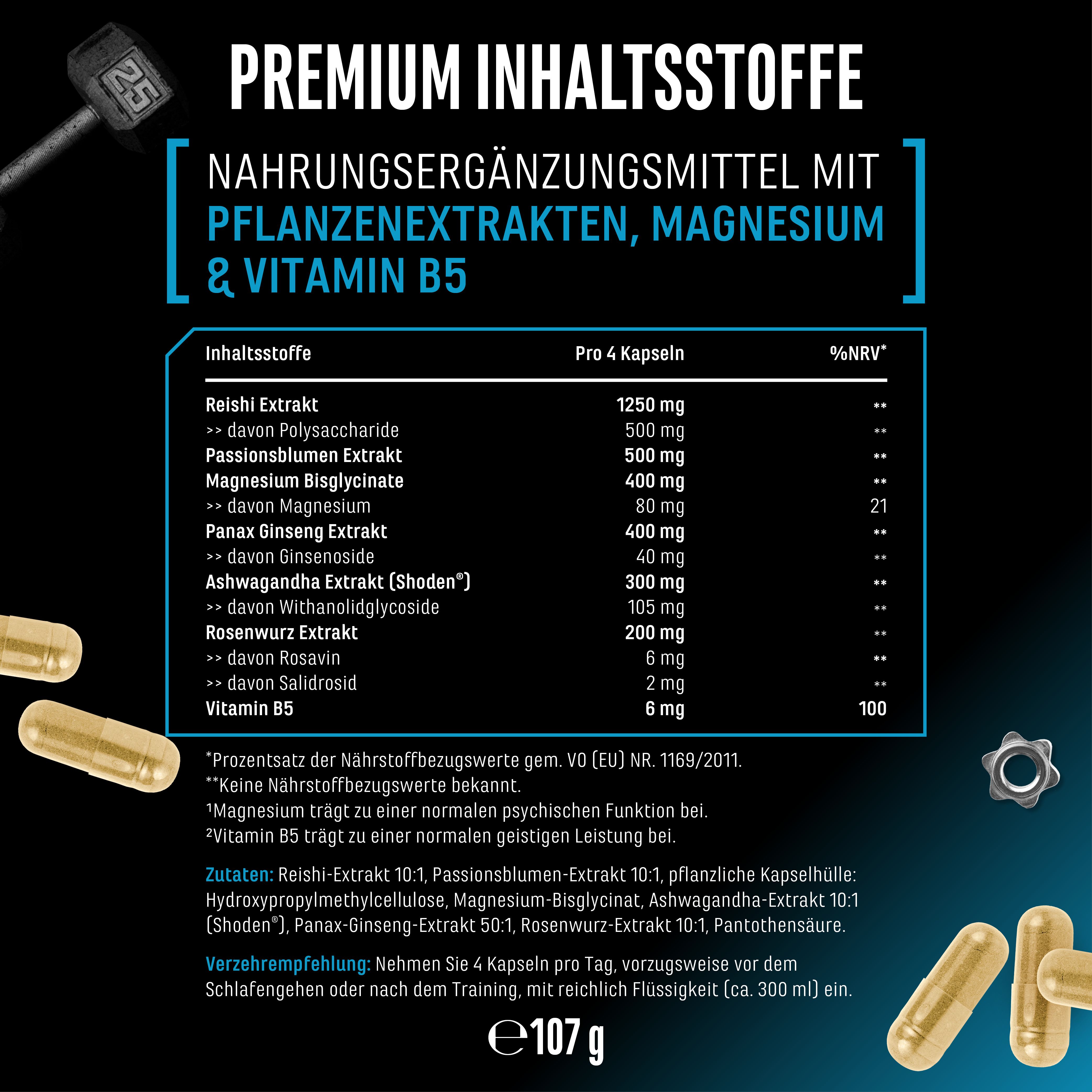 Nahrungsergänzungsmittel mit Pflanzenextrakten, Magnesium & Vitamin B5. Reishi, Passionsblume, Magnesium, Panax Ginseng, Rosenwurz, Ashwagandha.