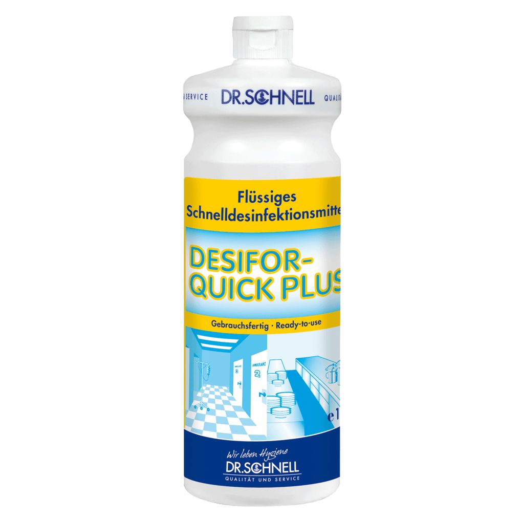 Weiße Flasche mit gelbem Etikett. Aufschrift: DESIFOR-QUICK PLUS, Flüssiges Schnelldesinfektionsmittel. Marke: DR.SCHNELL.