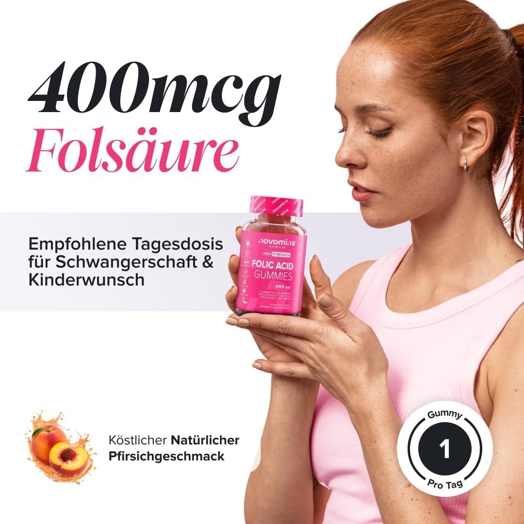 Novomiu Folsäure Gummis mit Pfirsichgeschmack. 1 Gummy pro Tag.