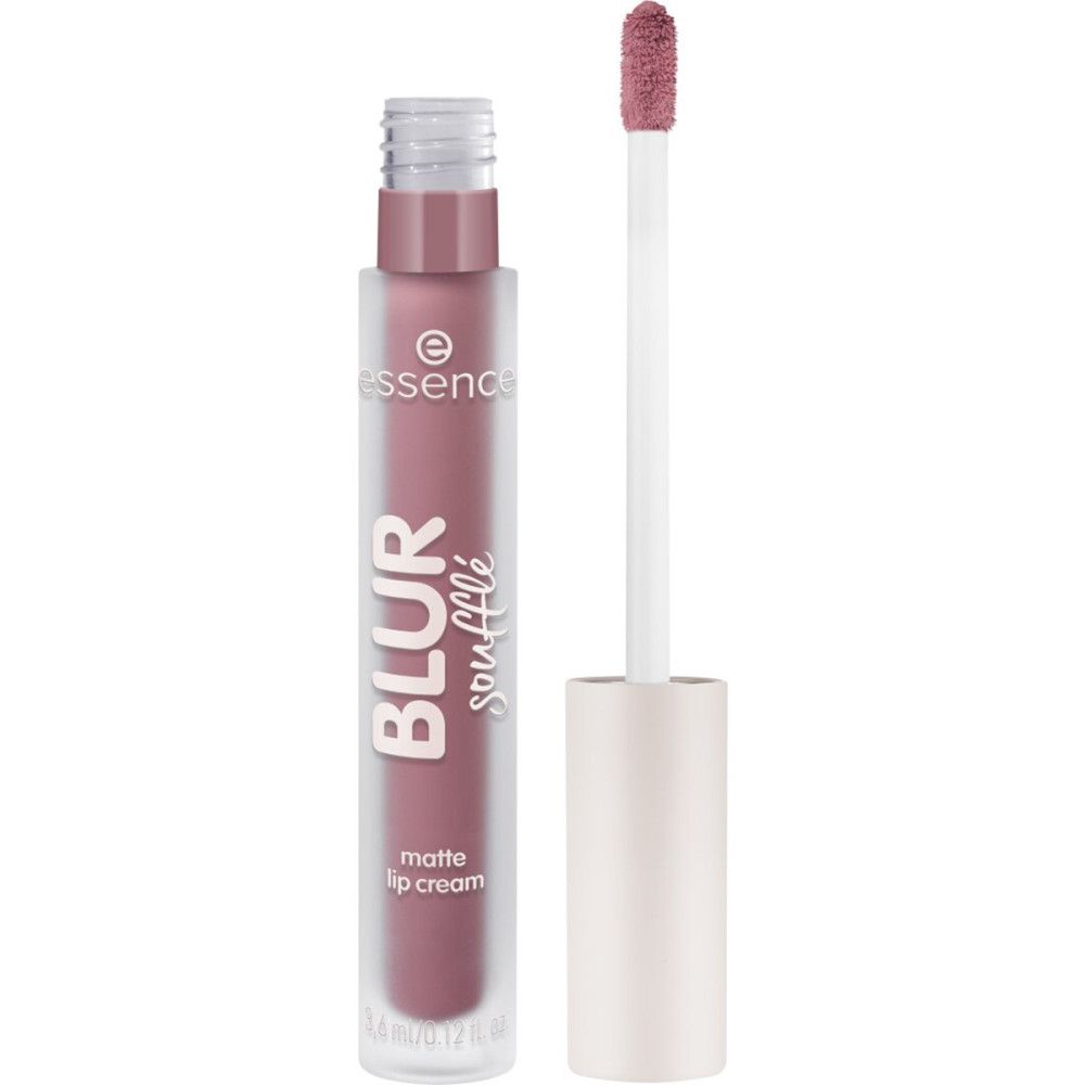 Geöffnete Lippencreme-Tube mit Applikator. Aufschrift "essence BLUR soufflé matte lip cream". Farbton: Rosa.