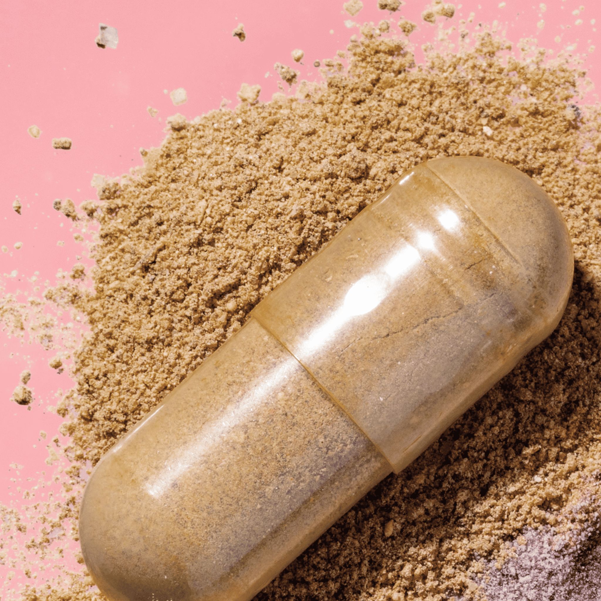 Nahaufnahme einer Kapsel auf braunem Pulver. Kapsel transparent, zweiteilig.