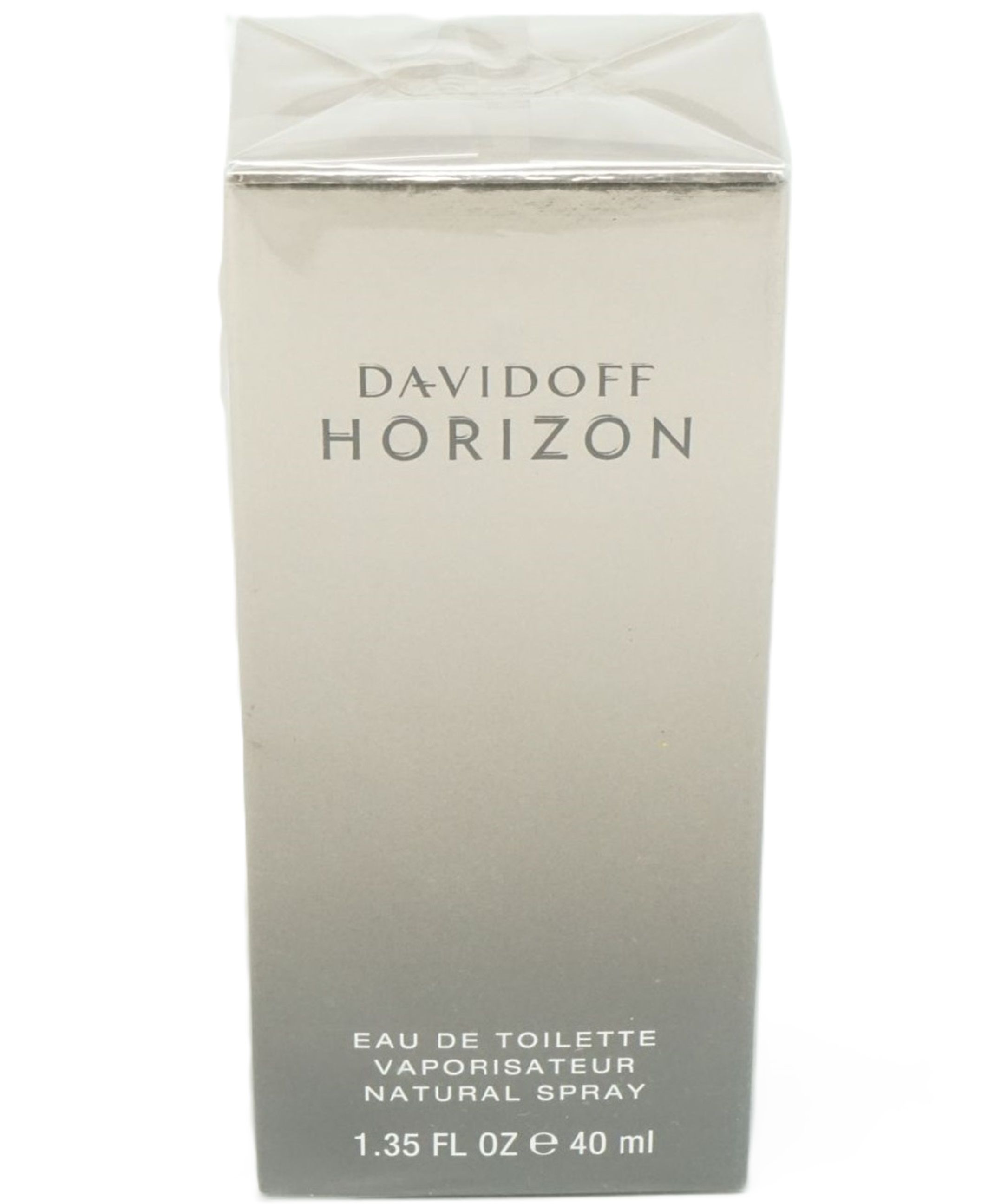 Davidoff Horizon Eau de Toilette-Verpackung. Rechteckige, silberfarbene Schachtel mit Produktnamen und Angaben.