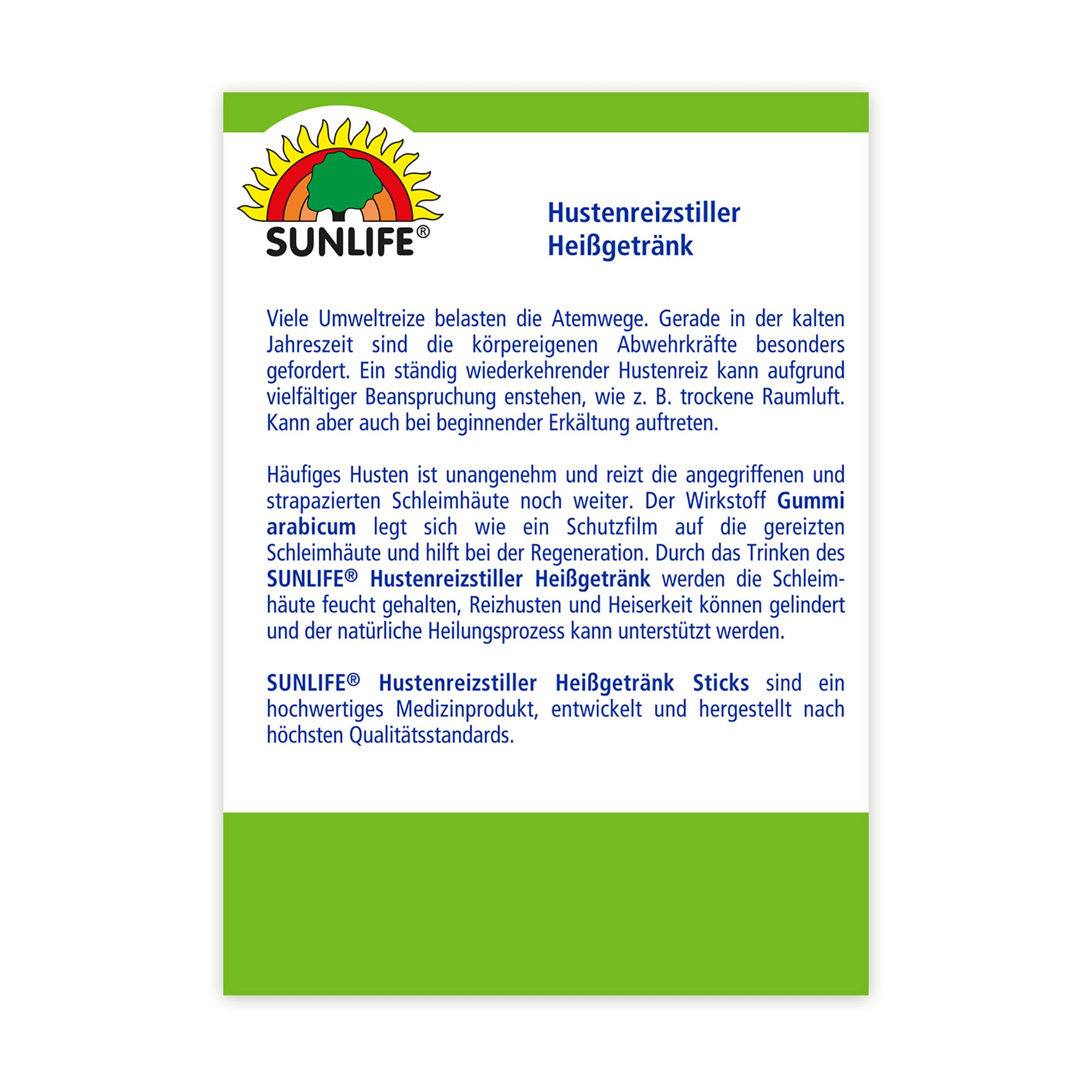 Rückseite der Verpackung von Sunlife Hustenreizstiller Heißgetränk. Text über das Produkt und seine Anwendung.
