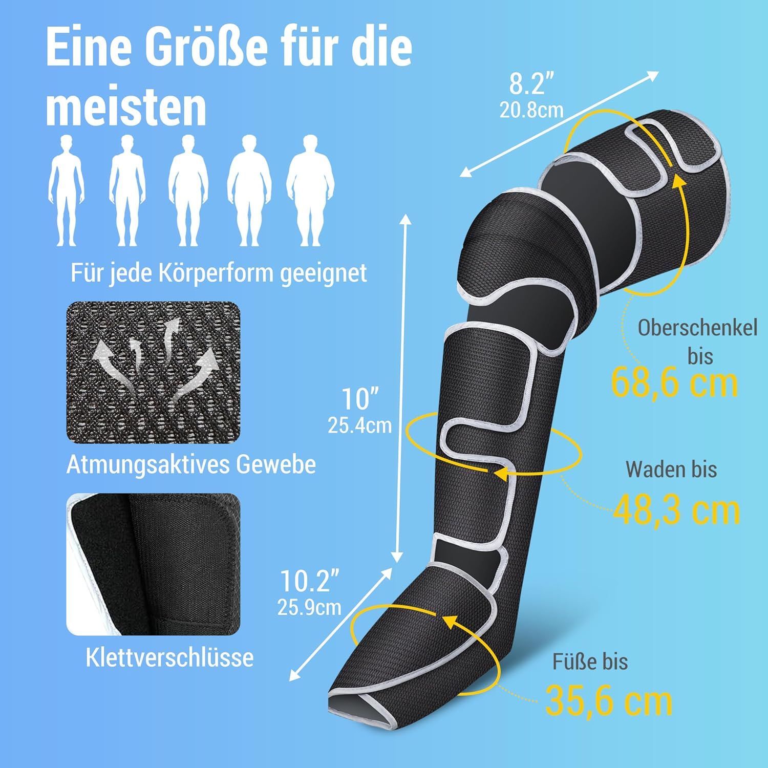 Beinmassagegerät mit Größenangaben für Oberschenkel (bis 68,6 cm), Wade (bis 48,3 cm) und Fuß (bis 35,6 cm).
