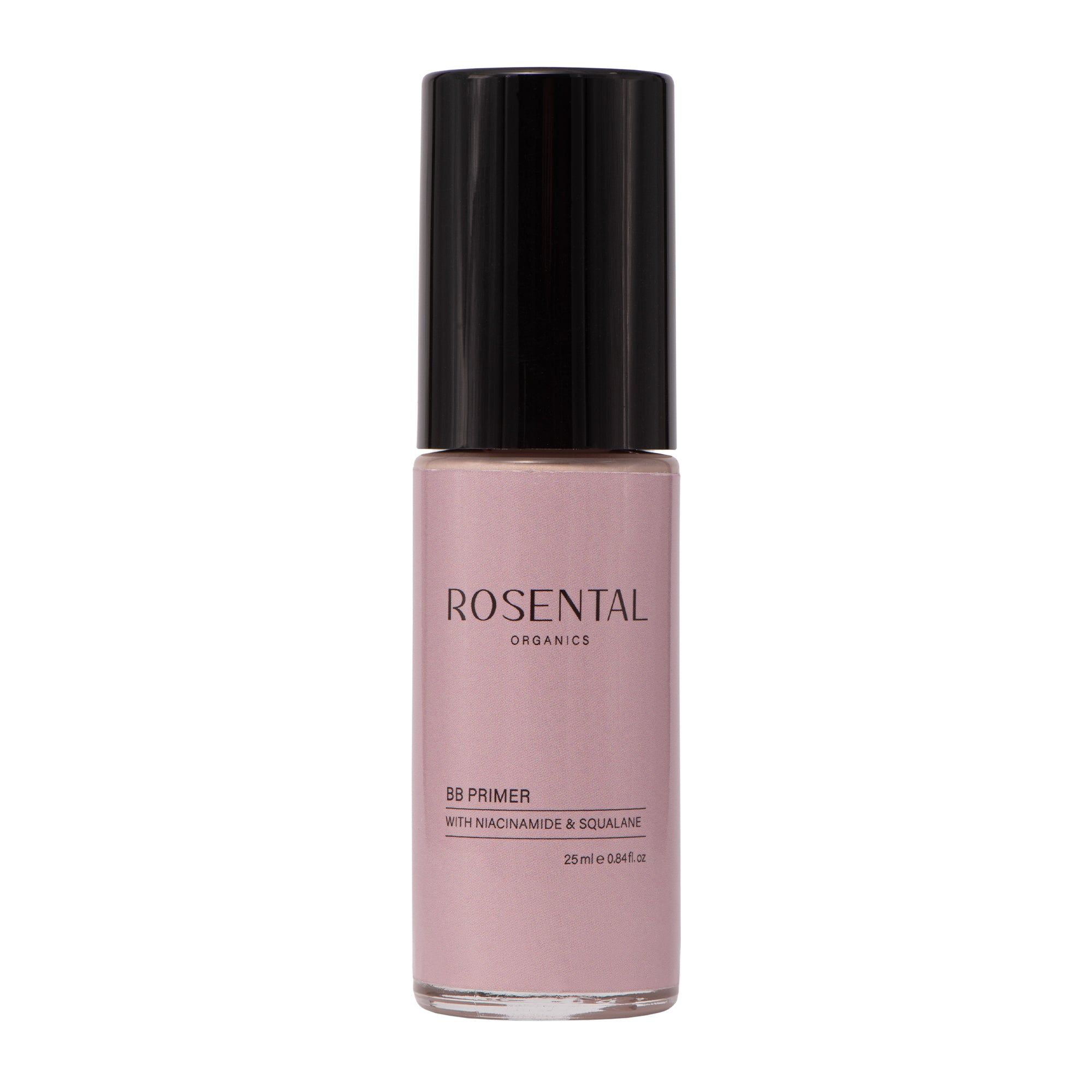 Rosental Organics BB Primer, rosa Flasche mit schwarzem Deckel. Text: BB Primer, Niacinamide & Squalane.