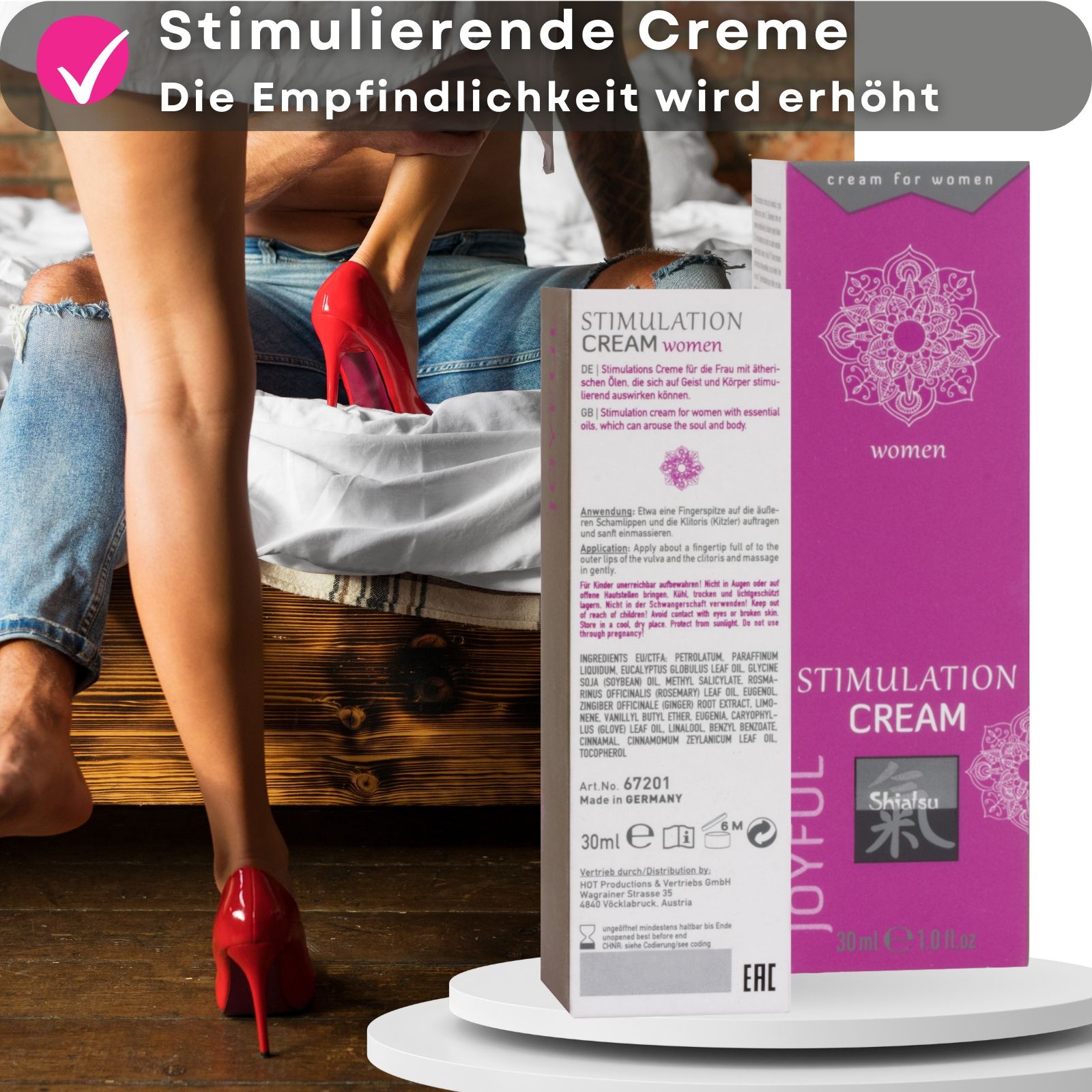 Rosa Tube und Schachtel. Aufschrift: Stimulation Cream, Shiatsu, Joyful. Text und Frau mit Schuhen.