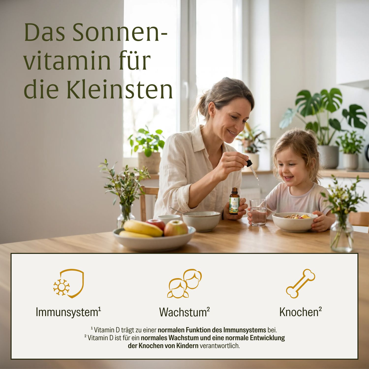Mutter gibt Kind Vitamin D Tropfen. Icons für Immunsystem, Wachstum, Knochen.