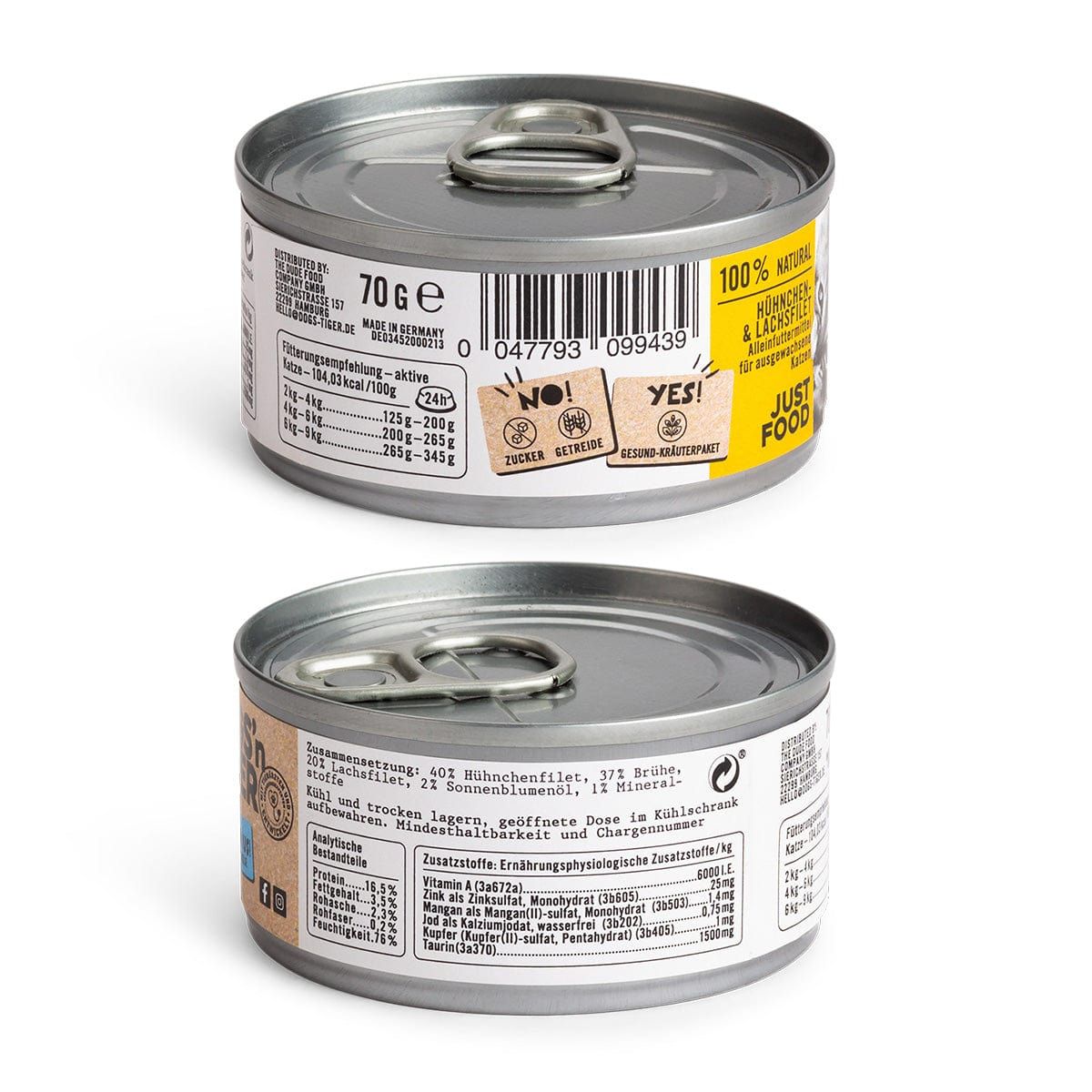Zwei Katzenfutterdosen. Aufschrift: Glück, Dogs'n Tiger. Huhn & Lachs. Rückseite mit Nährwertangaben.