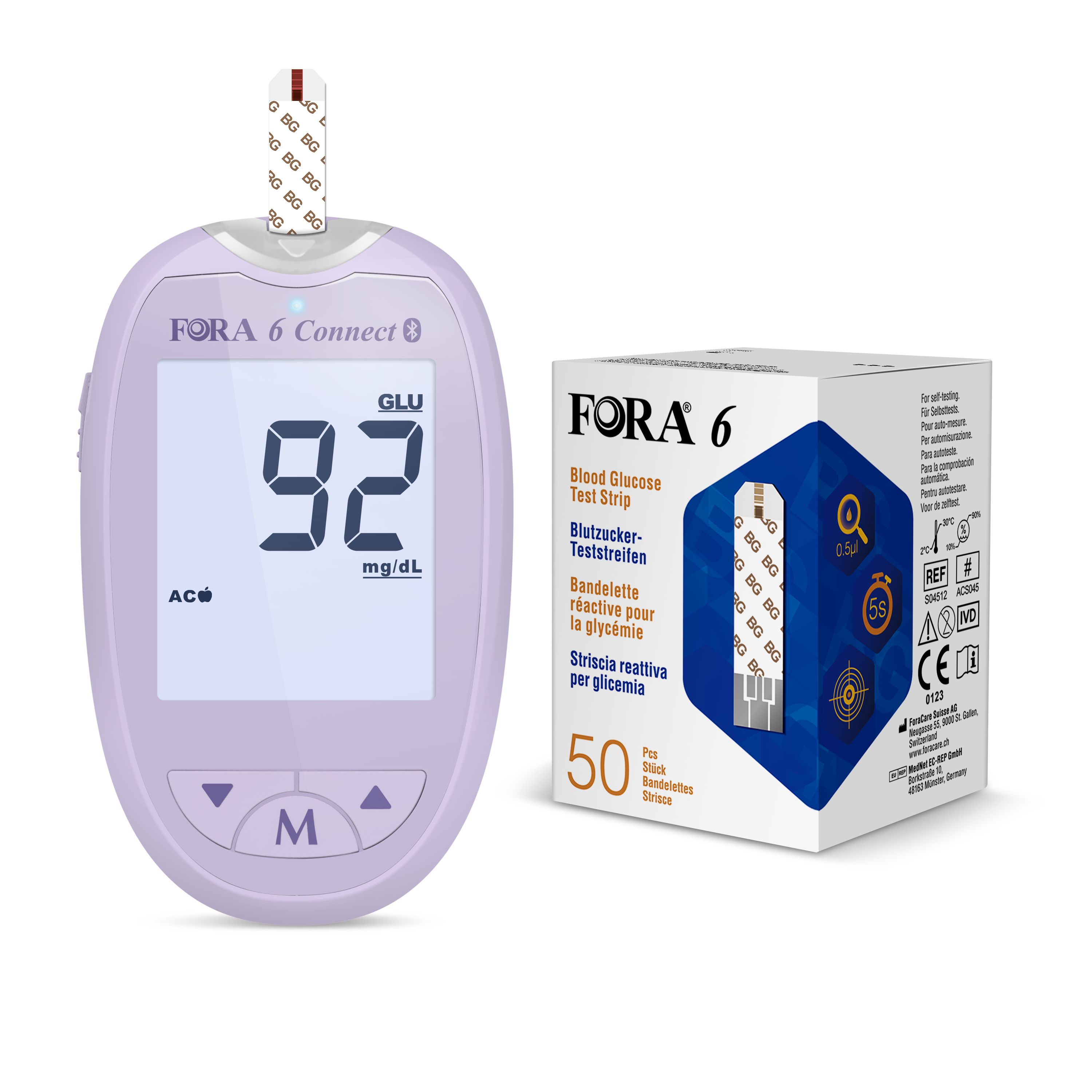 Blutzuckermessgerät FORA 6 Connect, lila. Anzeige: 92 mg/dL. Teststreifen und Packung mit 50 Teststreifen.