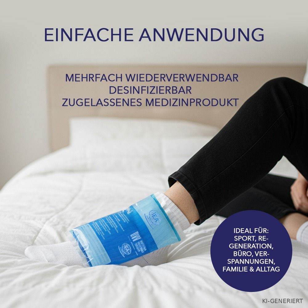 Frau legt eine IEA Medical Kompresse auf ihr Bein. "Ideal für Sport, Regeneration, Büro".