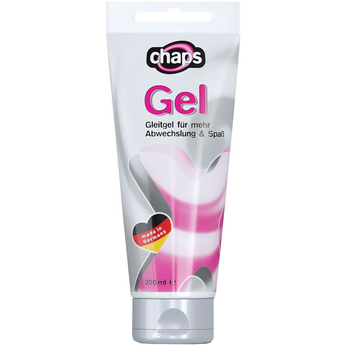 Tube mit Gleitgel. Marke: chaps. Rosa Schriftzug "Gel". Aufdruck "Made in Germany". Volumen: 200 ml.