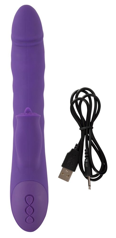 Lila Vibrator mit gebogener Form, seitlichem Element und USB-Kabel.