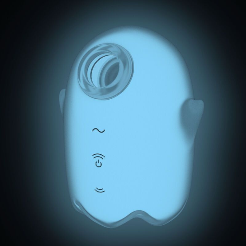 Geisterförmiges Gerät, leuchtet blau. Ovale Öffnung, drei Symbole.
