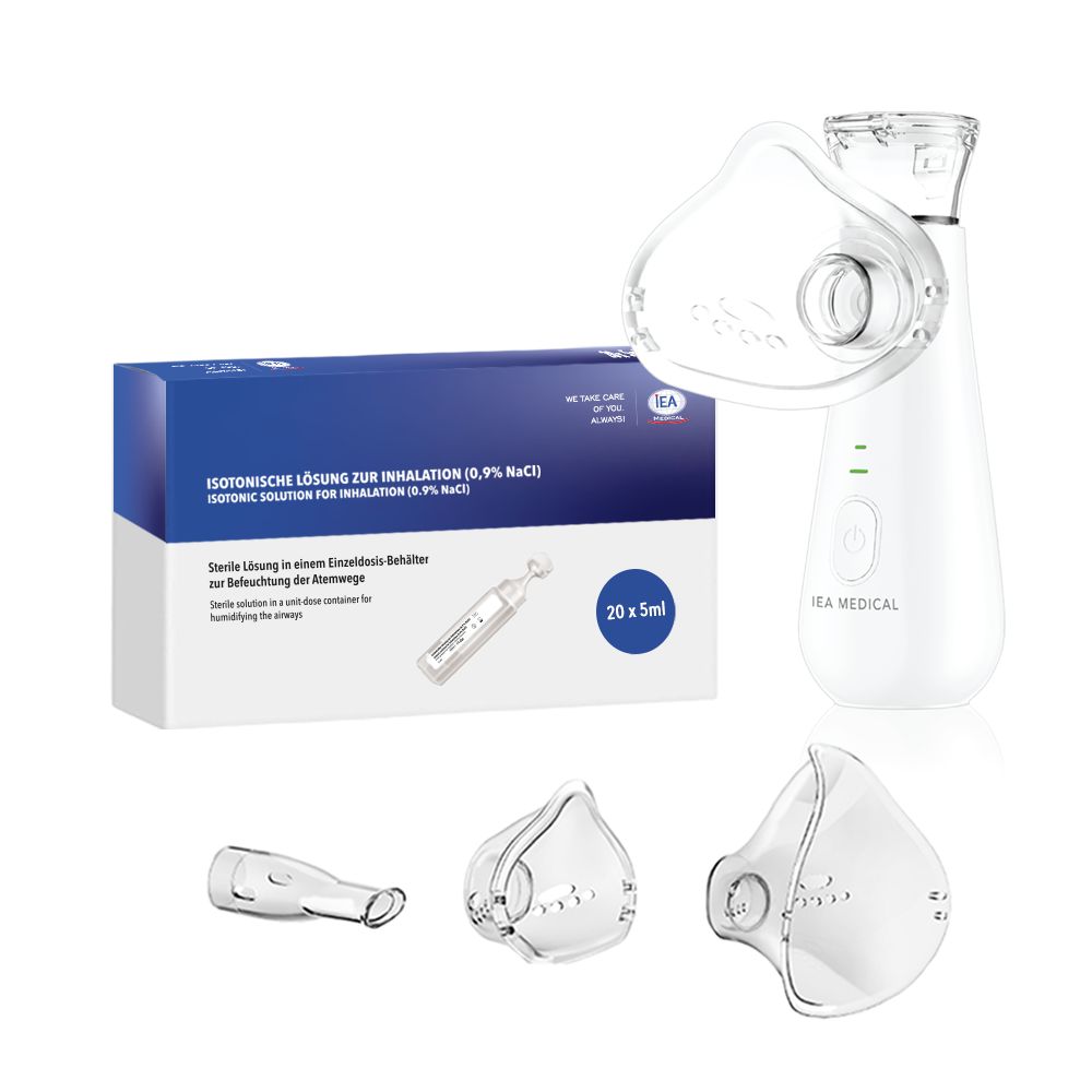 IEA Medical Inhalationsgerät weiß, mit Masken, Mundstück und 20x 5ml Kochsalzlösung.