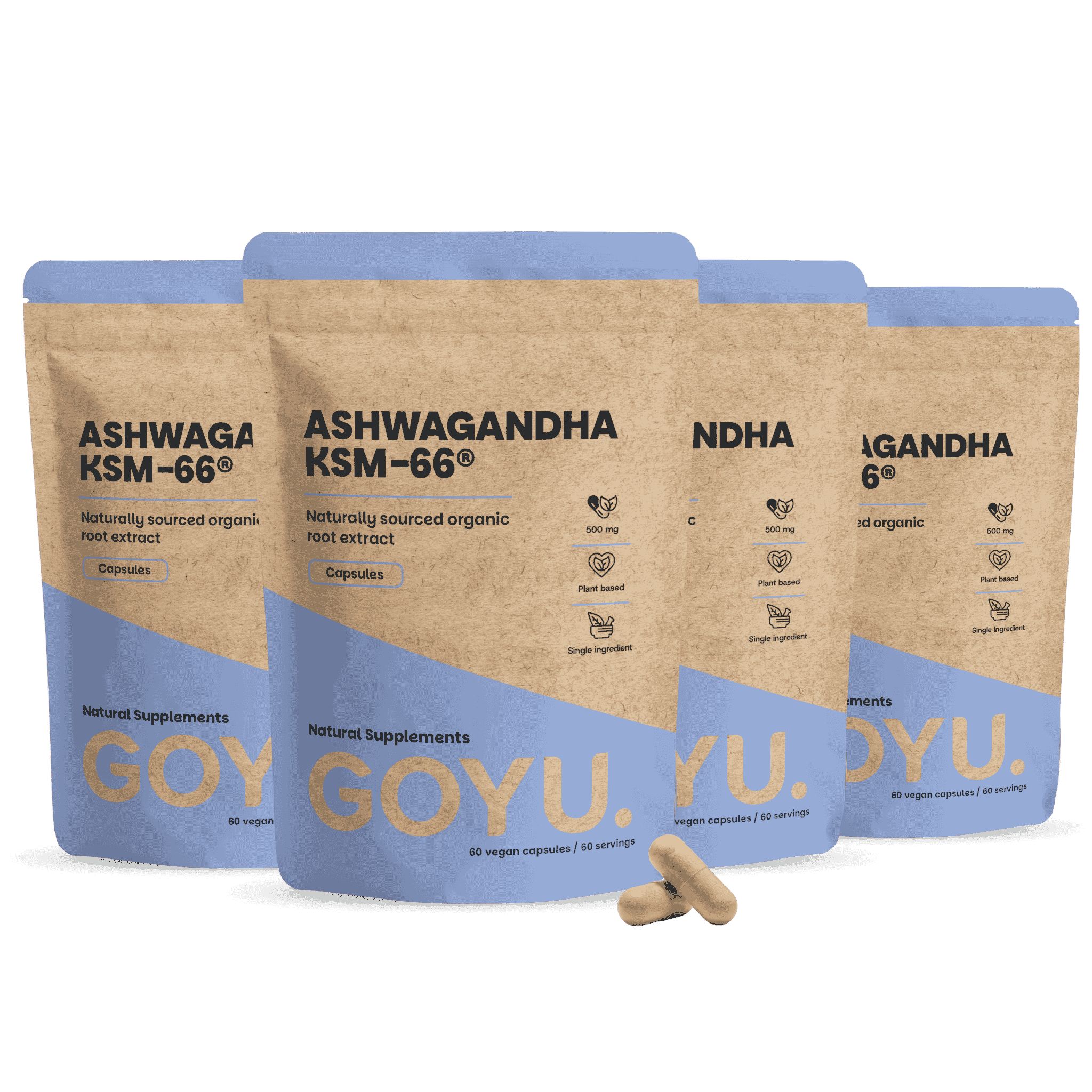 Vier Packungen Ashwagandha KSM-66 Kapseln. Natürliche Nahrungsergänzungsmittel.