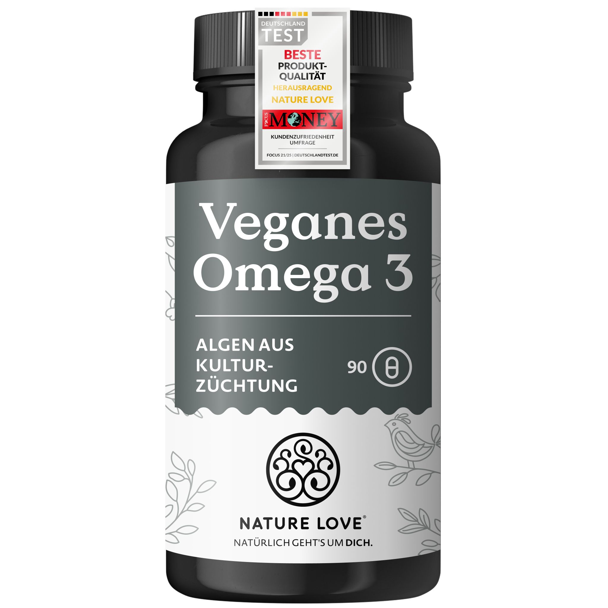 Flasche mit veganen Omega-3-Kapseln, Siegel 'Deutschland Test Beste Produkt-Qualität'.