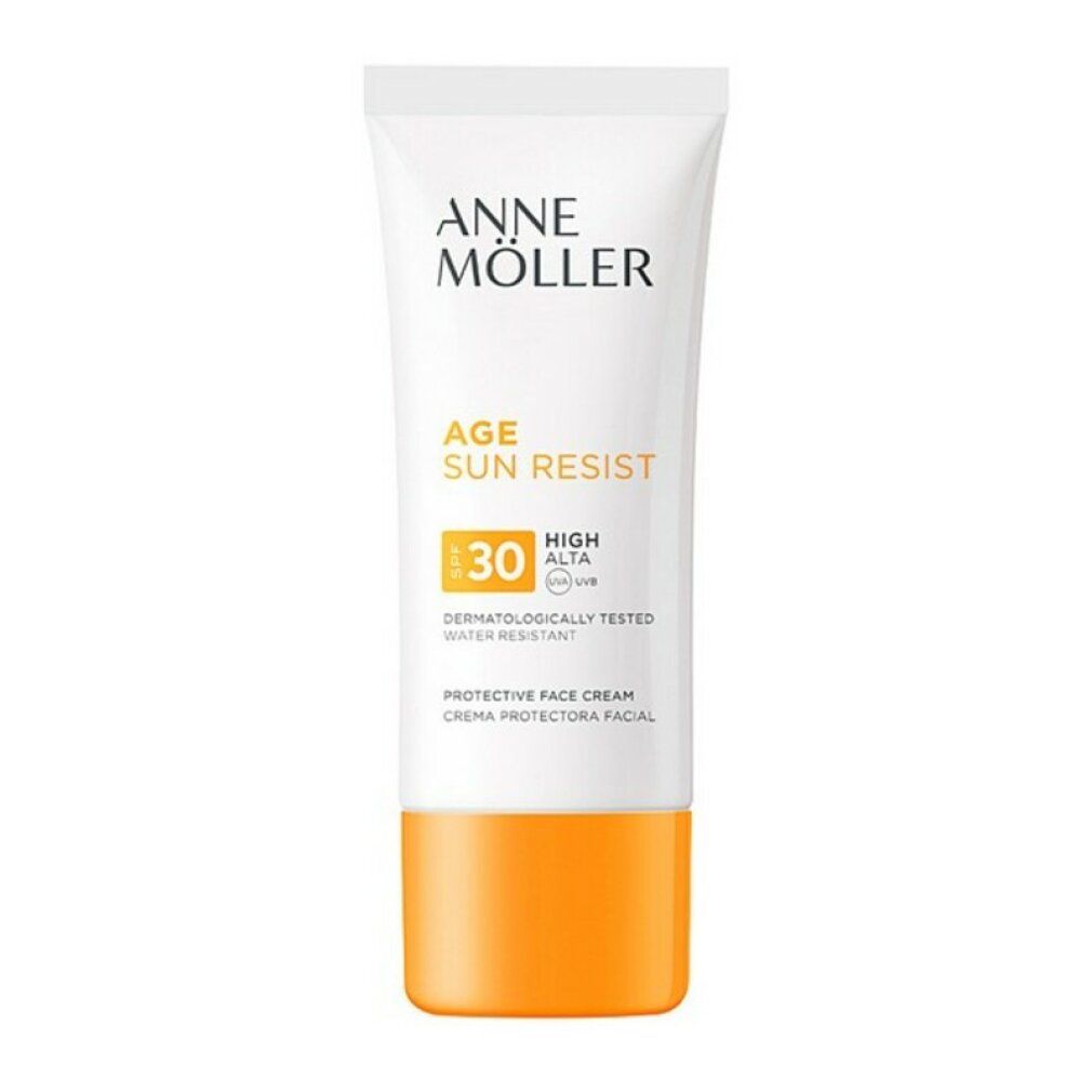 Weiße Tube mit gelbem Boden. Aufschrift: ANNE MÖLLER, AGE SUN RESIST SPF30. Dermatologisch getestet. Sonnenschutzcreme.