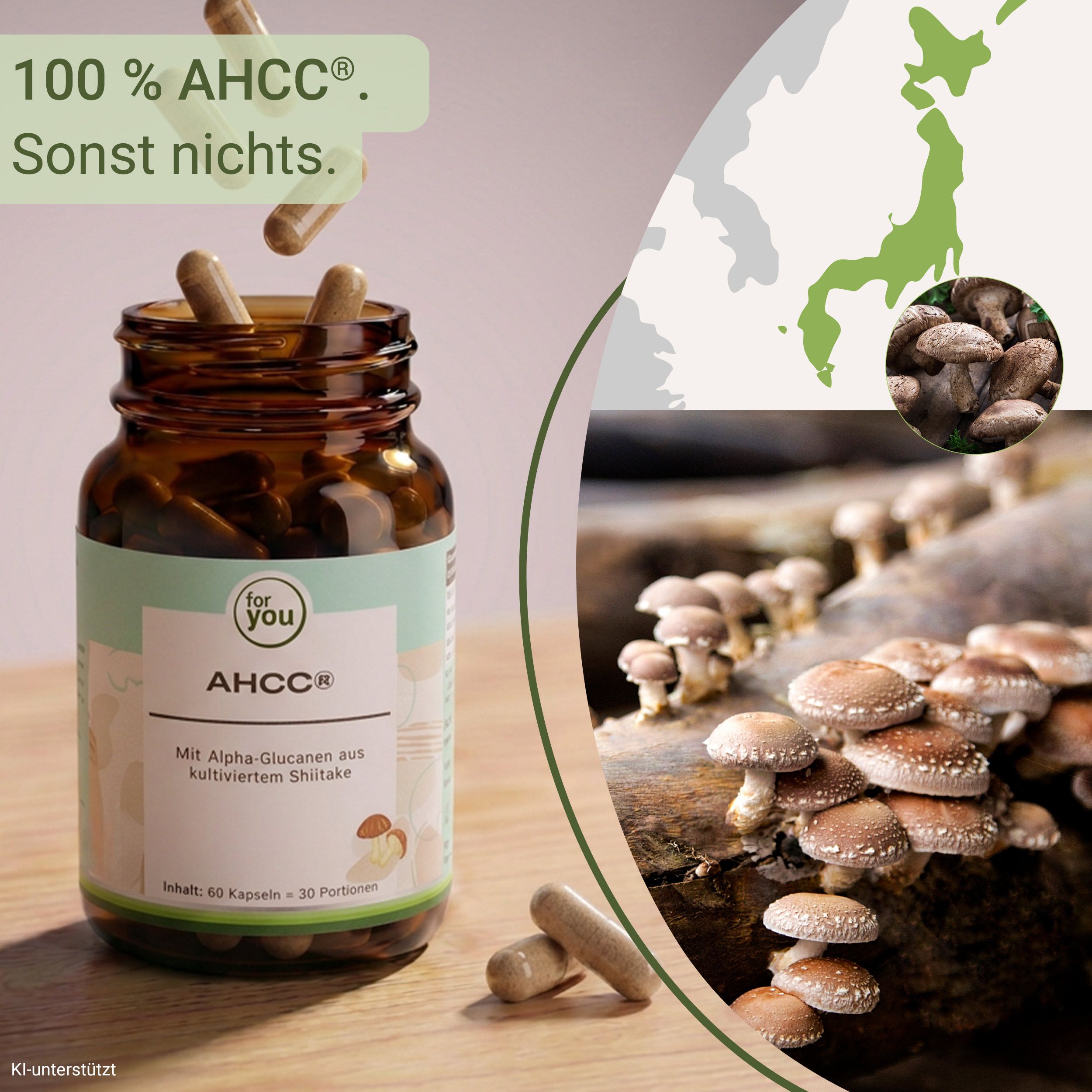 Eine Flasche AHCC® Kapseln steht auf einem Holztisch, daneben liegen Kapseln und Shiitake-Pilze.