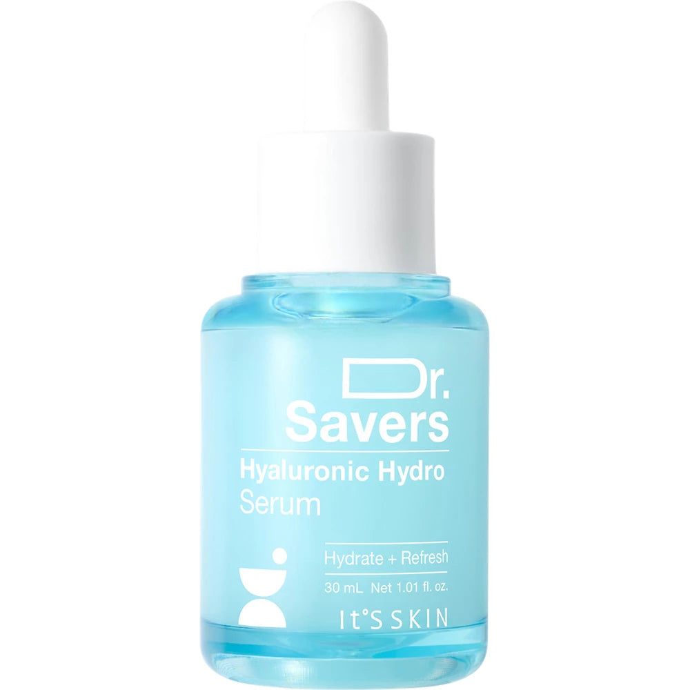 Blaues Serumfläschchen mit weißem Tropfer. Aufschrift: Dr. Savers Hyaluronic Hydro Serum. Marke: IT'S SKIN. 30 ml.
