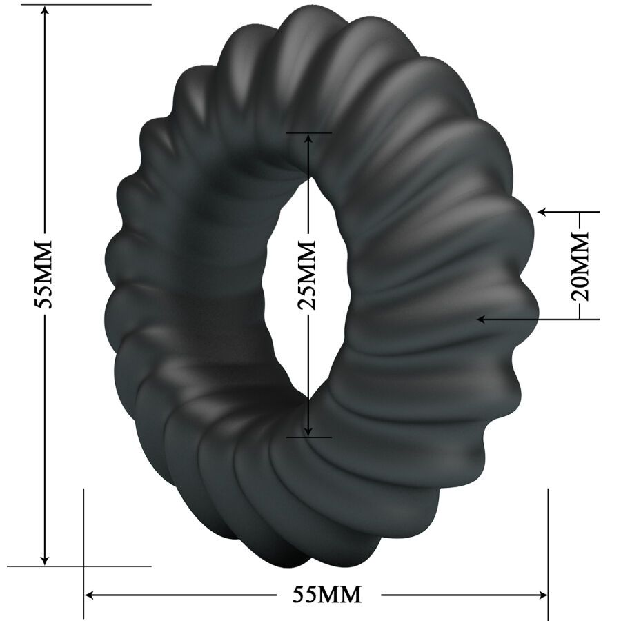 Schwarzer Penisring aus Silikon mit gewellter Oberfläche. Abmessungen: 55mm Durchmesser, 25mm Innen, 20mm Dicke.