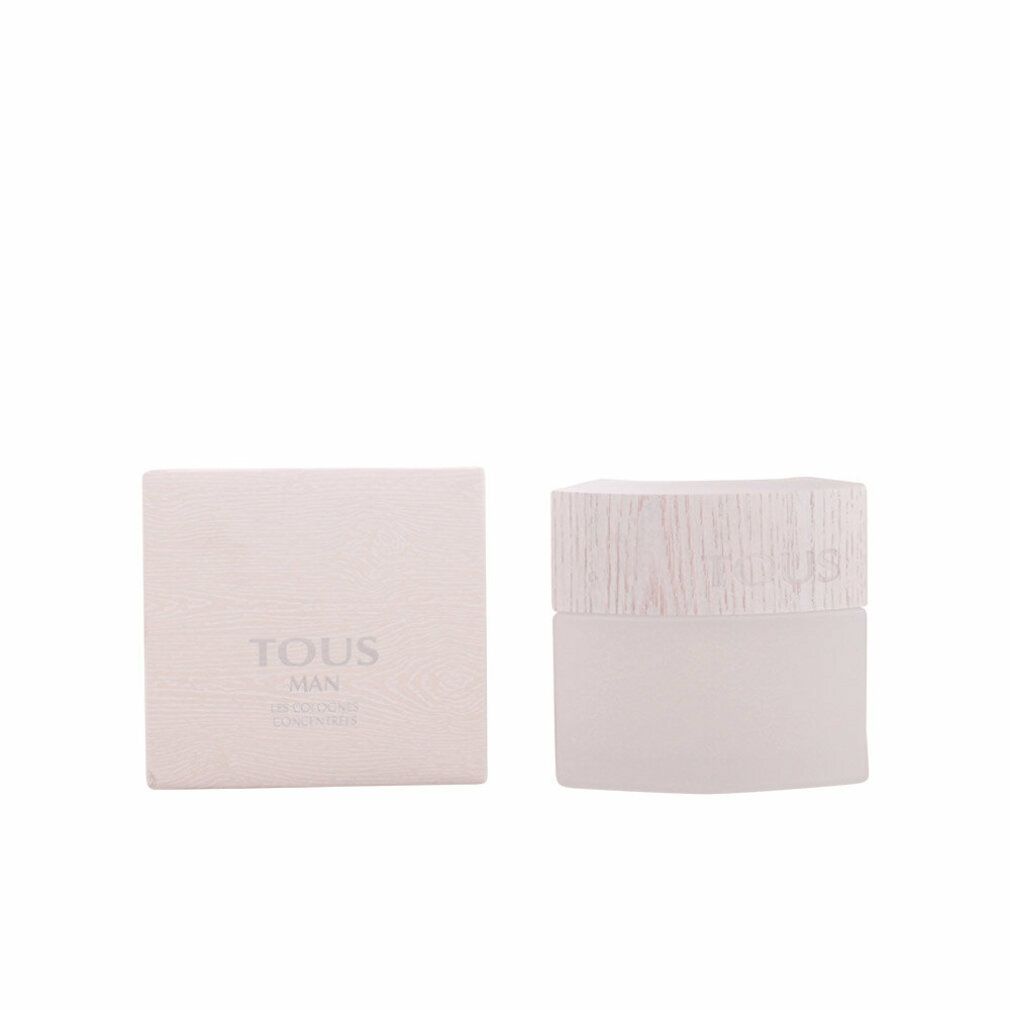 Flakon und Verpackung von Tous Man Les Colognes Concentrées. Flakon mit Holzdeckel, Verpackung mit Schriftzug.