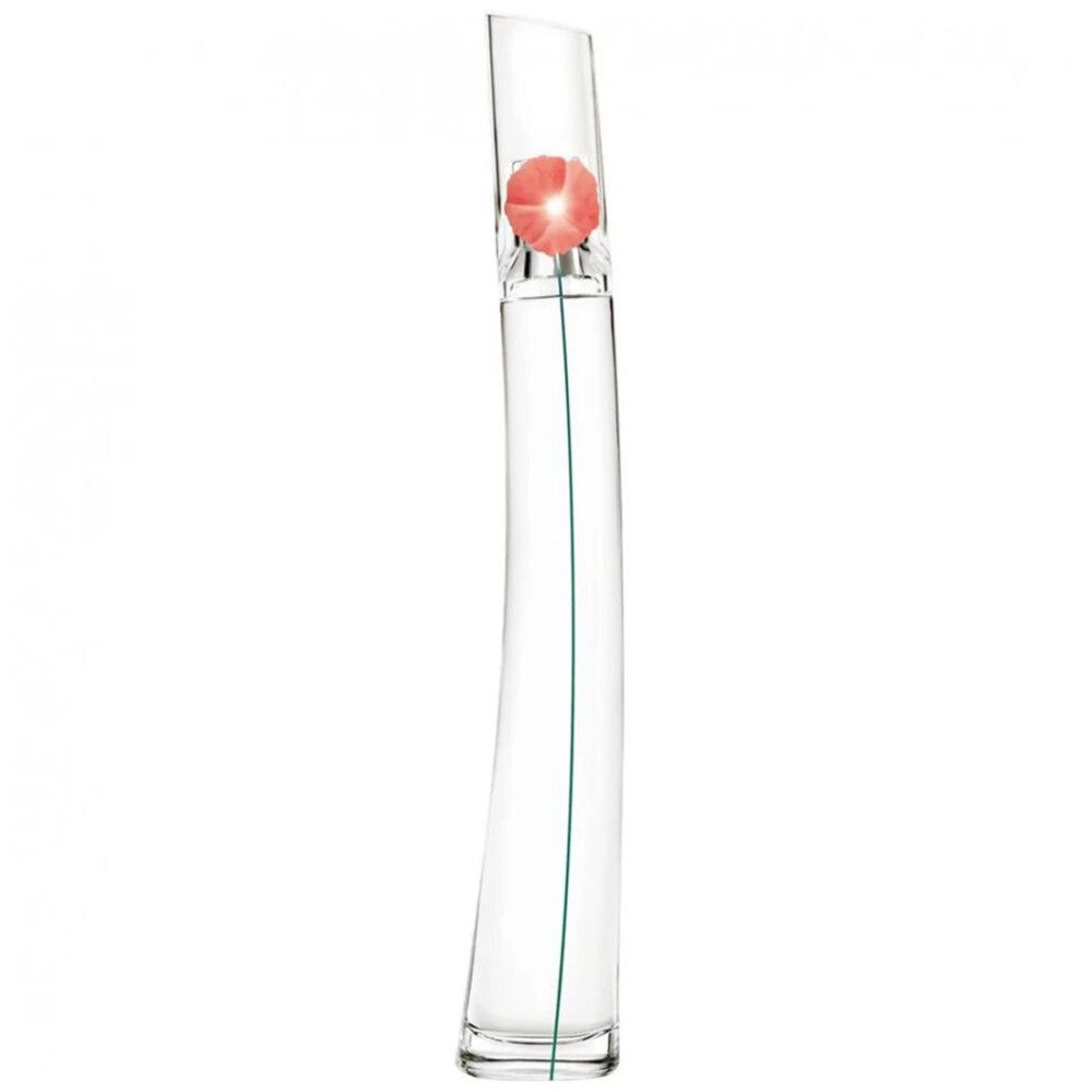 Kenzo Flower By Kenzo Eau de Toilette. Klarer Flakon mit gebogener Form. Roter Blütenkopf. Grüner Stiel. Schräg.