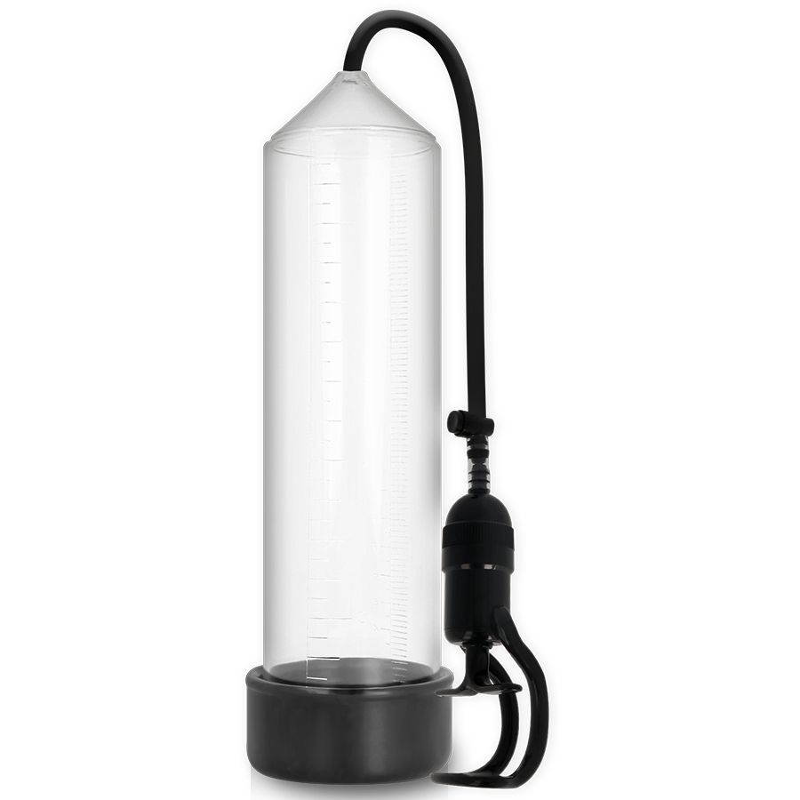 Transparente Pumpe mit schwarzem Sockel und Schlauch. Skala an der Seite. Schwarze Pumpe mit Griff.