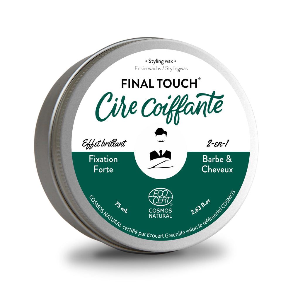 Runde Dose mit grün-weißem Etikett. Aufschrift: FINAL TOUCH Cire Coiffante, 2-en-1 Barbe & Cheveux. Enthält 75 ml. ECOCERT-Zertifizierung.