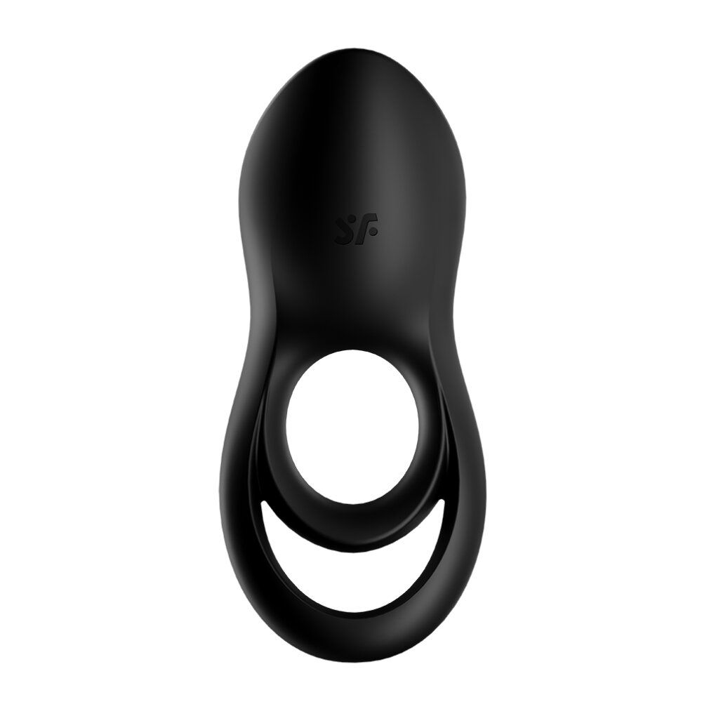 Schwarzer Ringvibrator. Geschwungene Form mit Bedienknopf und Öffnung.