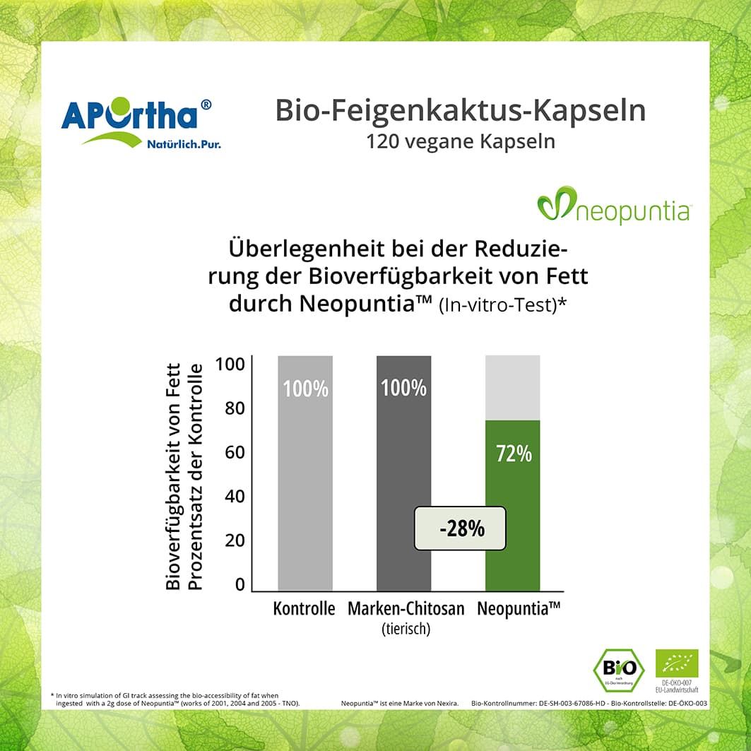 Grafik mit Balkendiagramm. Vergleich der Bioverfügbarkeit von Fett. Kontrollgruppe, Marken-Chitosan, Neopuntia™. Prozentangaben.