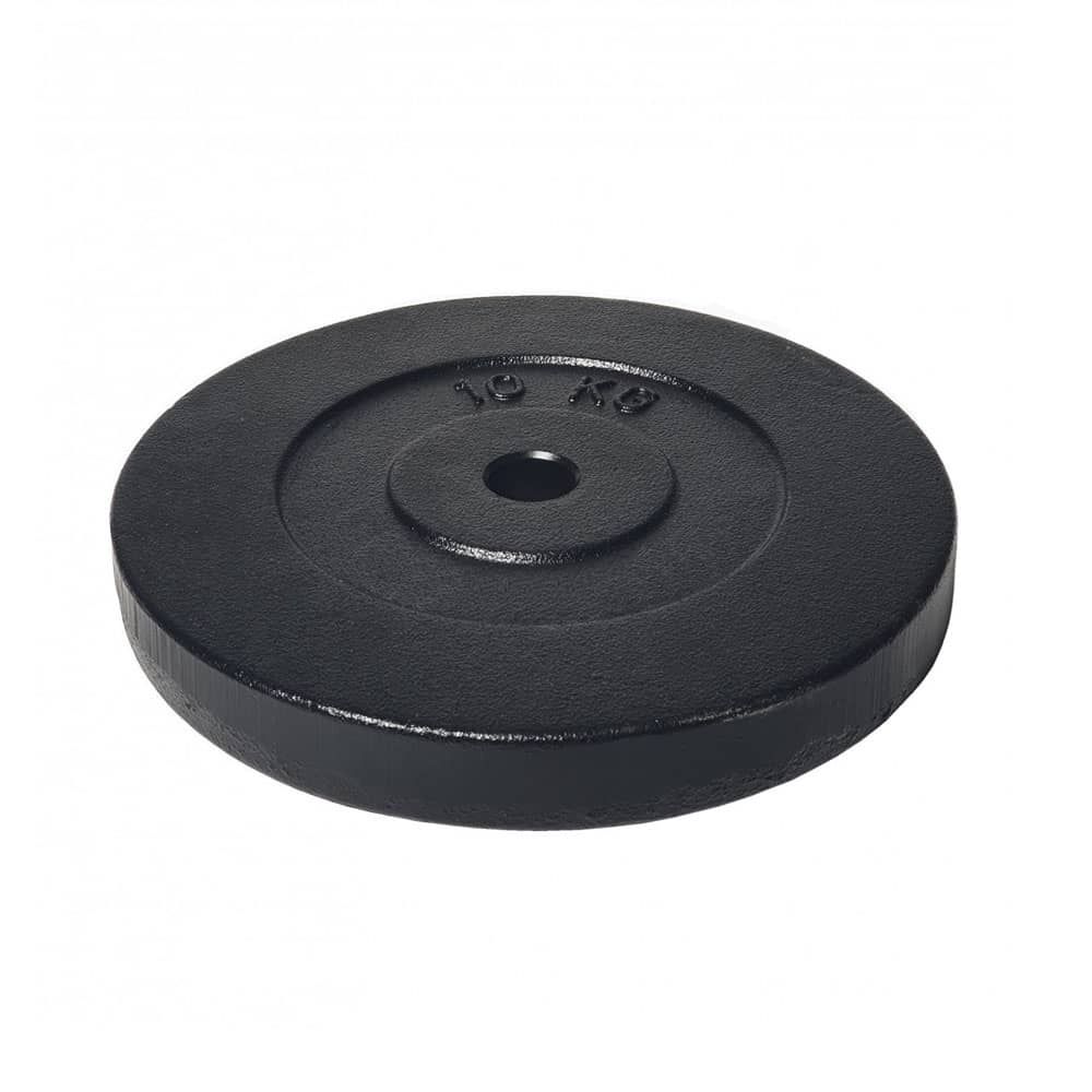 Schwarze Hantelscheibe aus Gusseisen. Runde Form mit zentraler Bohrung. Gewicht: 15 kg.