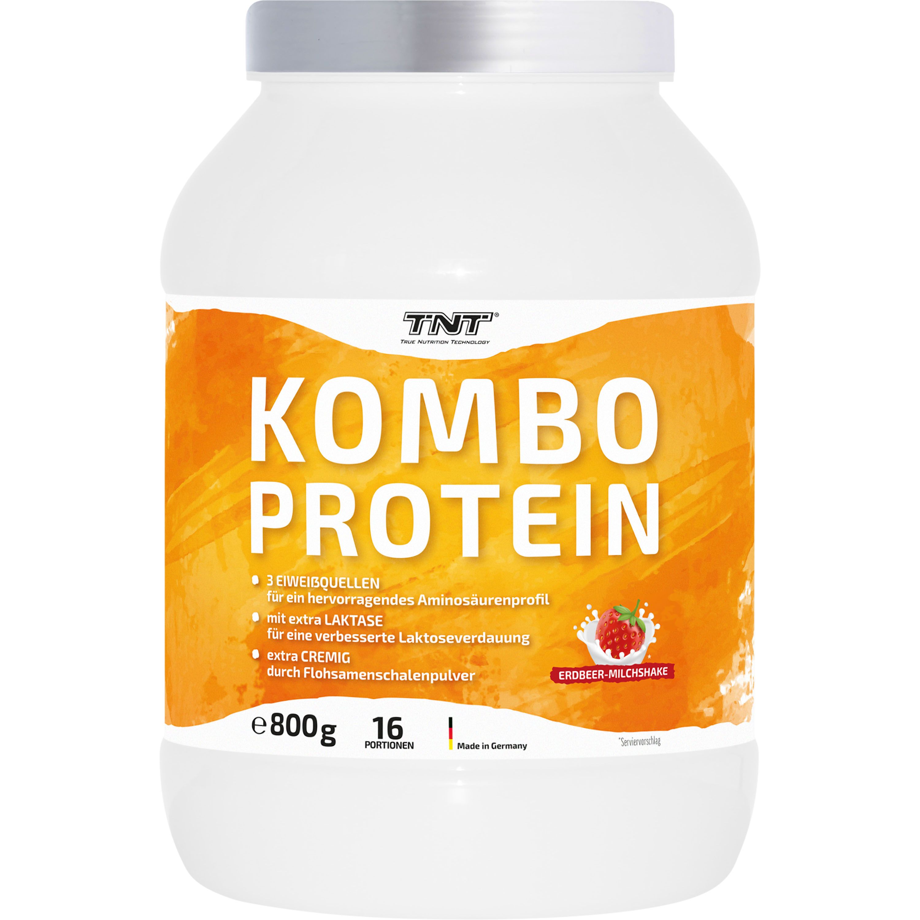 Weißer Behälter mit TNT Kombo Protein-Etikett. Orangefarbener Hintergrund mit Produktinformationen und Erdbeer-Milchshake-Geschmack.
