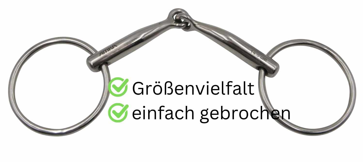 Gebiss aus Metall mit zwei Ringen. Text: Größenvielfalt, einfach gebrochen.