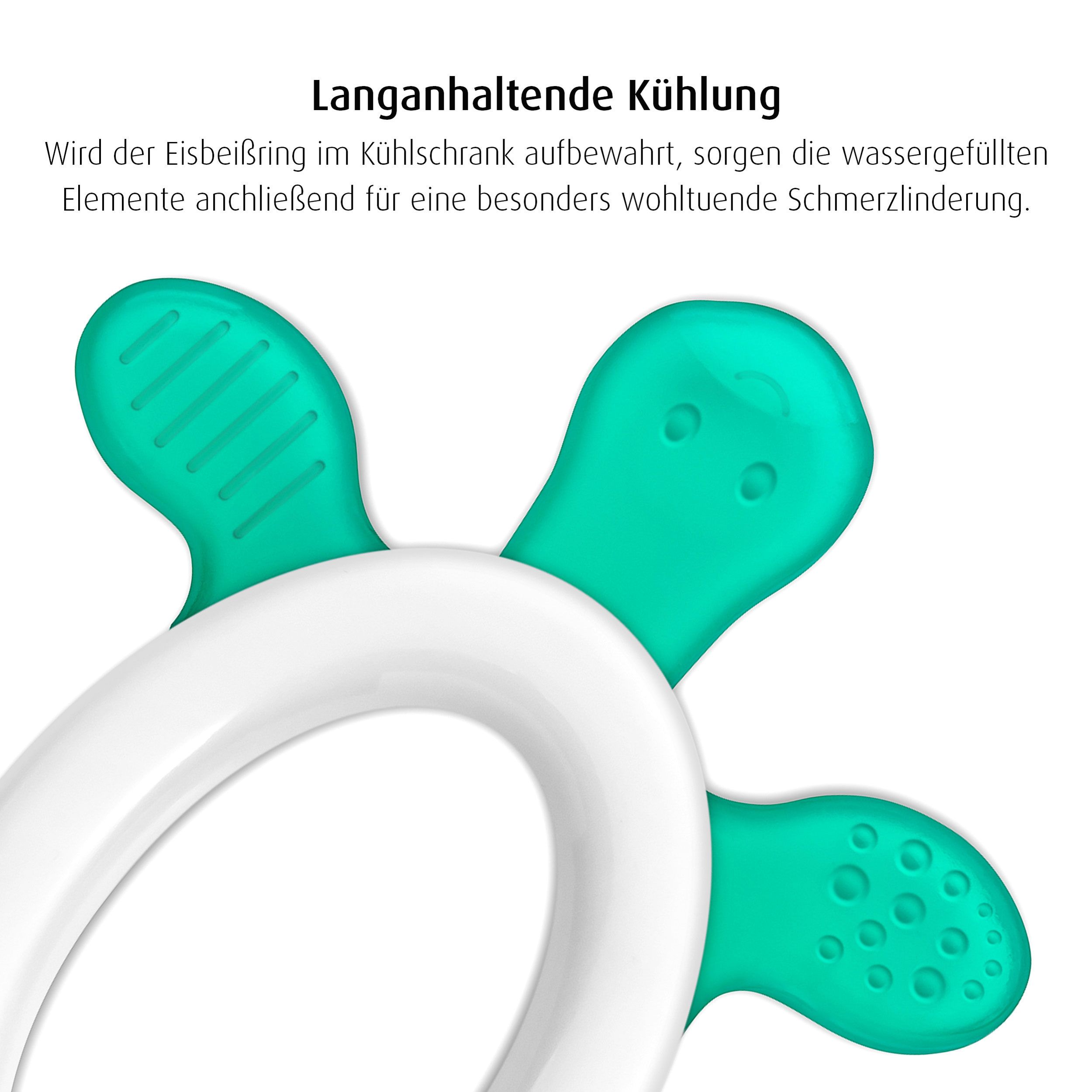 Kühlbeißring in Form einer Blume. Grün und weiß. Die Blütenblätter sind grün, der Ring ist weiß.