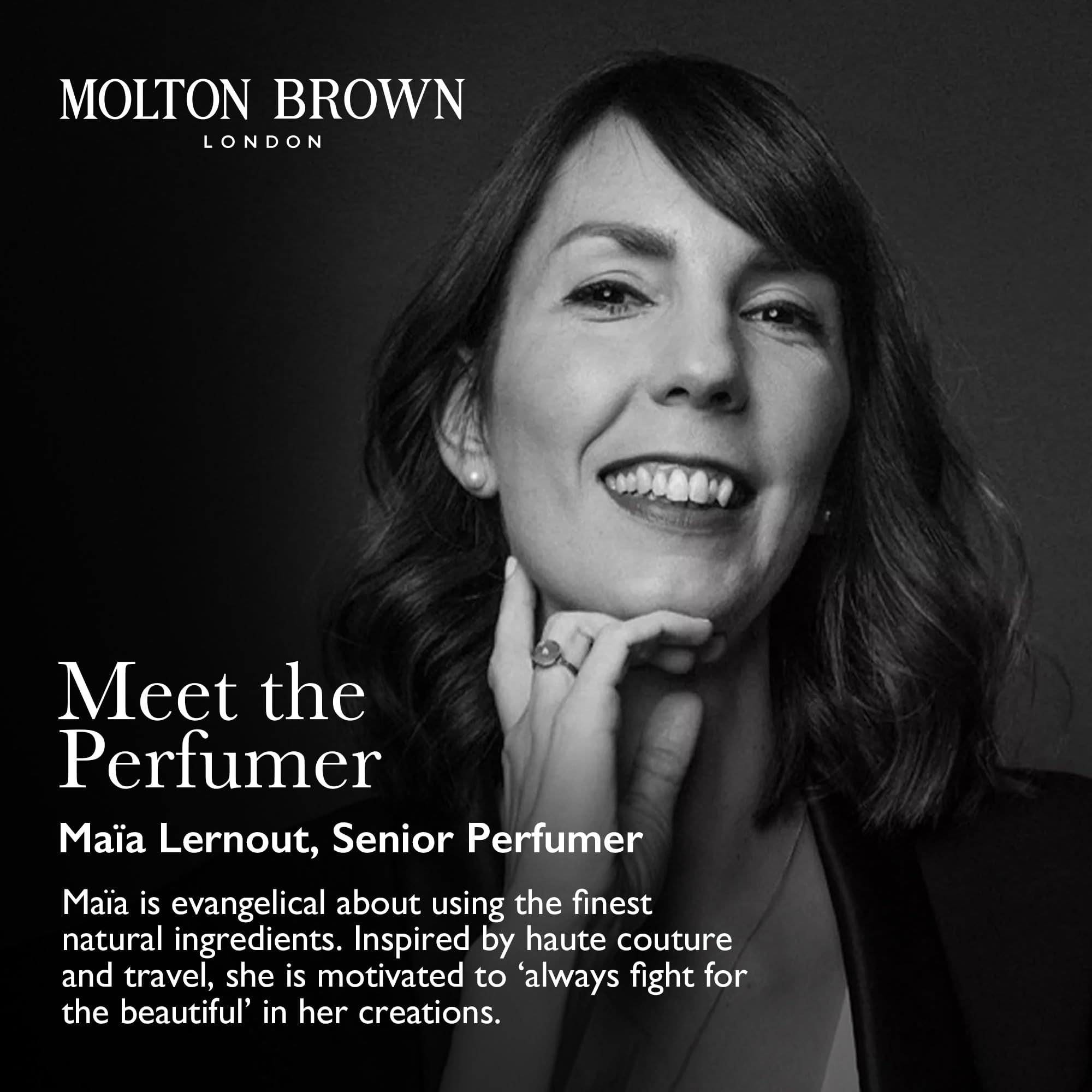Schwarz-Weiß-Porträt einer Frau. Text: Meet the Perfumer, Maïa Lernout, Senior Parfumeur.