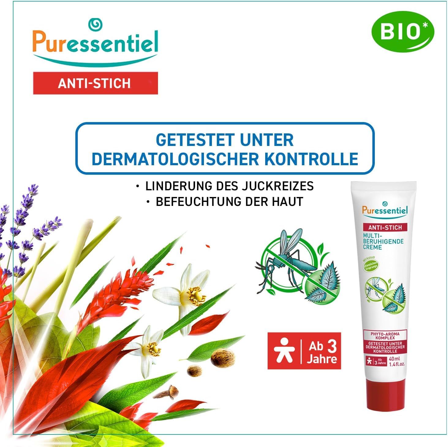 Creme-Tube mit Blüten und Kräutern. Aufschrift: Anti-Stich, Multi-beruhigende Creme. Logo: Ab 3 Jahre. Getestet unter dermatologischer Kontrolle.