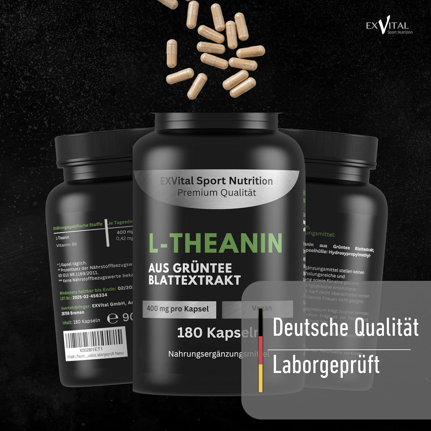 Drei schwarze Flaschen EXVital L-Theanin. 180 Kapseln. 400mg pro Kapsel. Aus Grüntee Blattextrakt. Deutsche Qualität. Laborgeprüft.