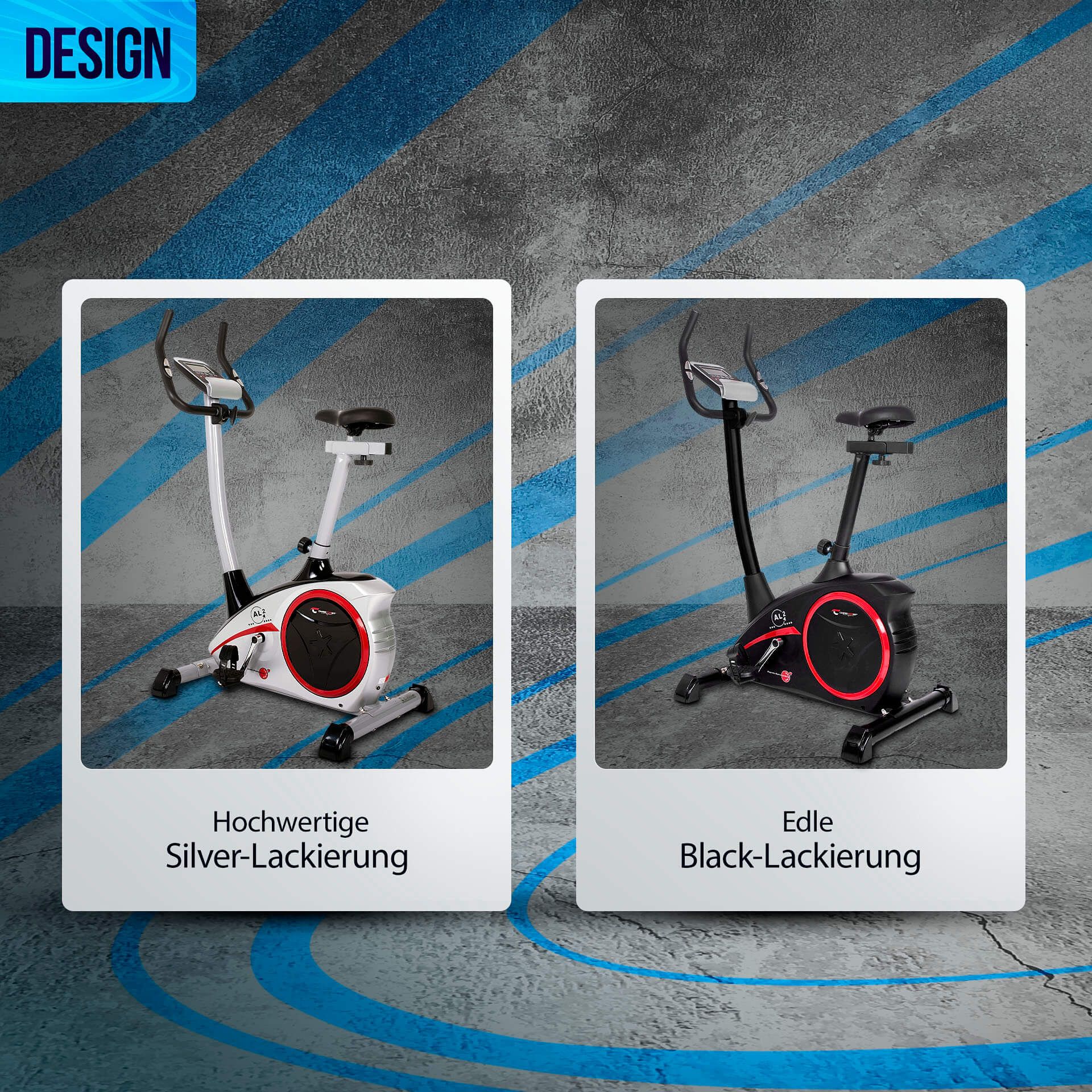 Zwei Ergometer, Silver- und Black-Lackierung. Hochwertige Silver-Lackierung und edle Black-Lackierung.