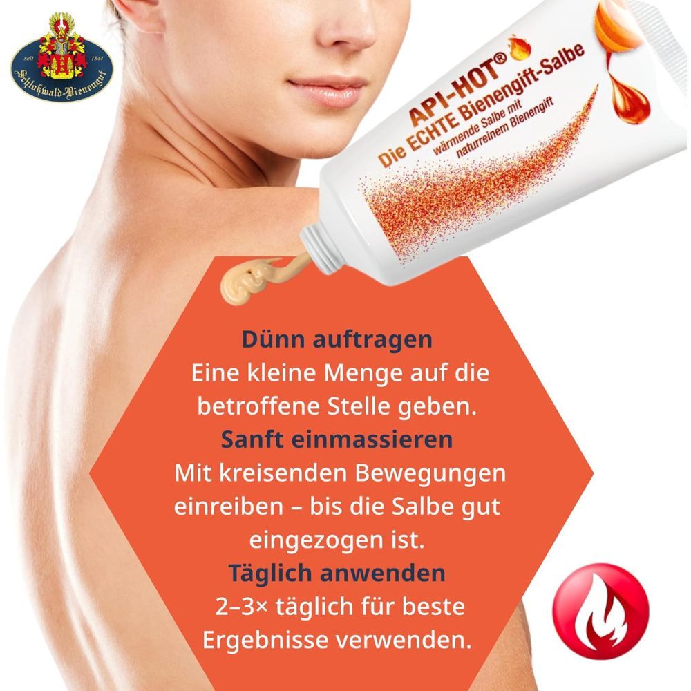 Anwendungshinweise für API-HOT® Bienengift-Salbe.  Aufzutragen, einzureiben.  Wärme-Symbol.