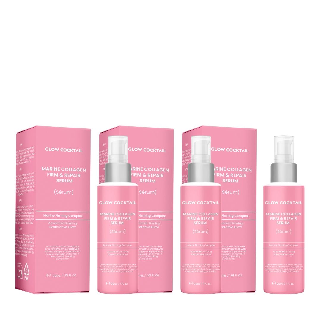 Drei Flaschen Serum mit Sprühkopf und drei Kartons. Rosa Flaschen und Kartons mit weißer Schrift. Produktname: Glow Cocktail.