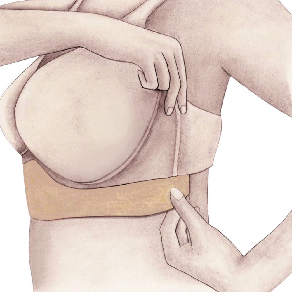 Illustration: Person positioniert Schweißschutz unter BH. Beige Band unter Brust, zwischen BH und Haut. Hände positionieren das Band.