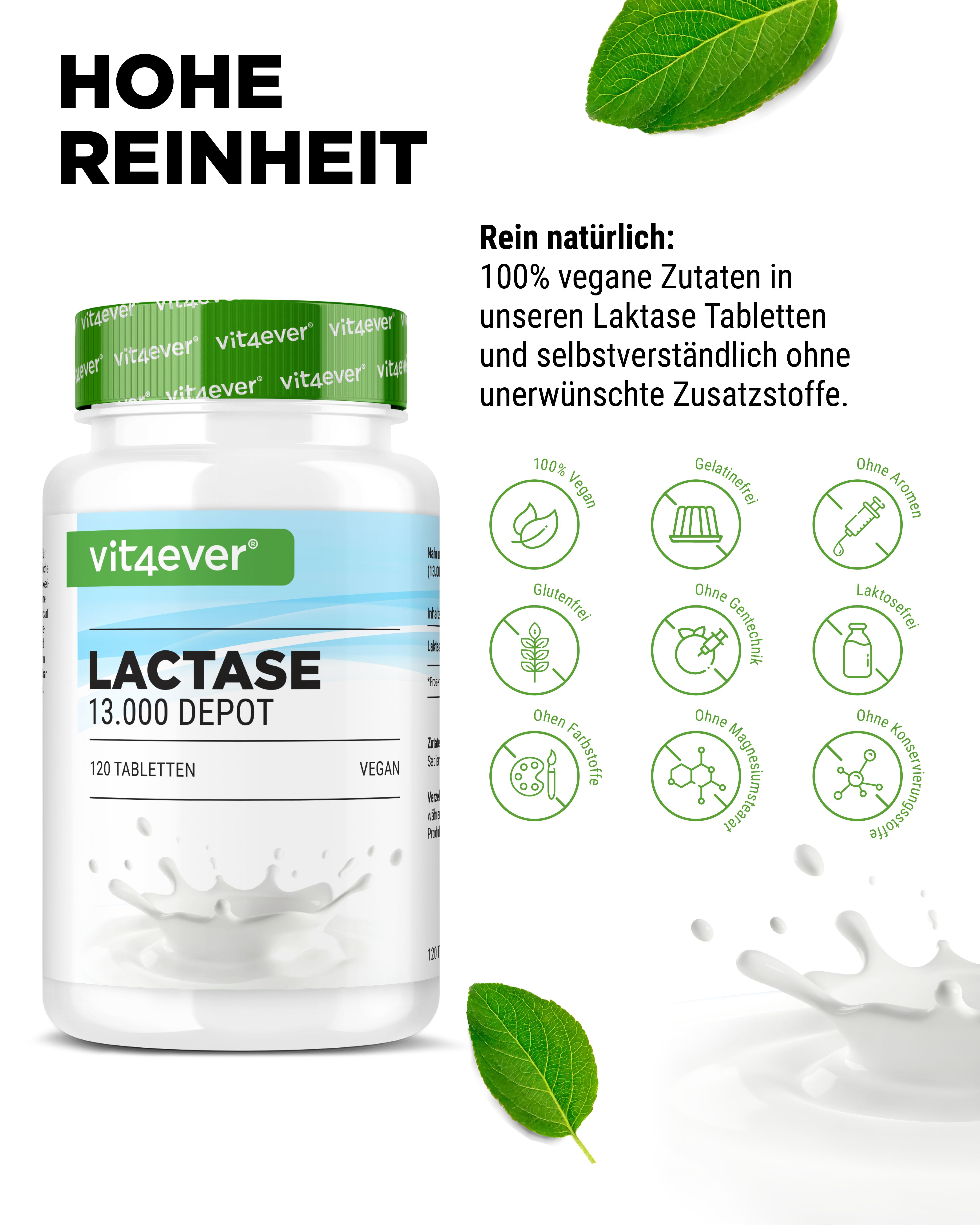 Tablettenfläschchen mit grünem Deckel. Aufschrift: Laktase 13.000 Depot. 120 Tabletten. Vegan. Logos: vegan, glutenfrei, ohne Laktose.