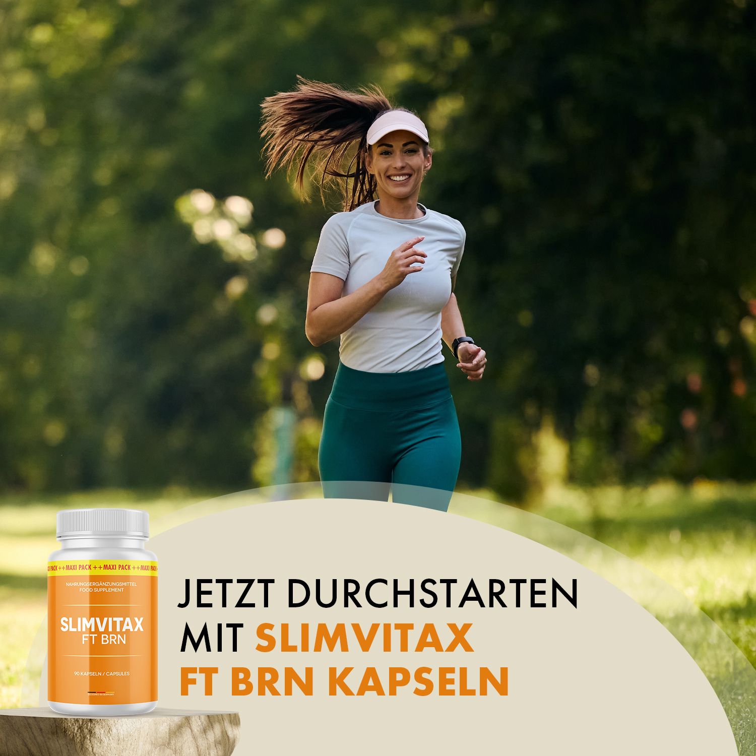 Läuferin im Freien neben einer Dose Slimvitax FT BRN Kapseln. Text: 'Jetzt durchstarten mit Slimvitax'.