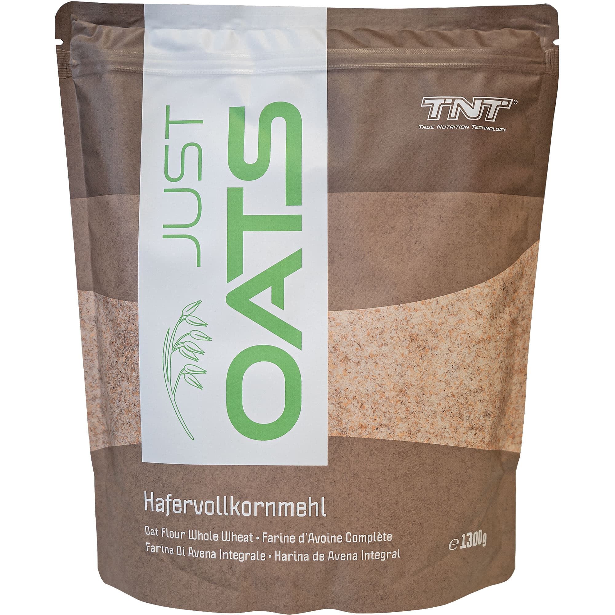Beutel mit "JUST OATS"-Aufdruck. Enthält Hafervollkornmehl. Marke: TNT. Braune Verpackung mit grünem Schriftzug.