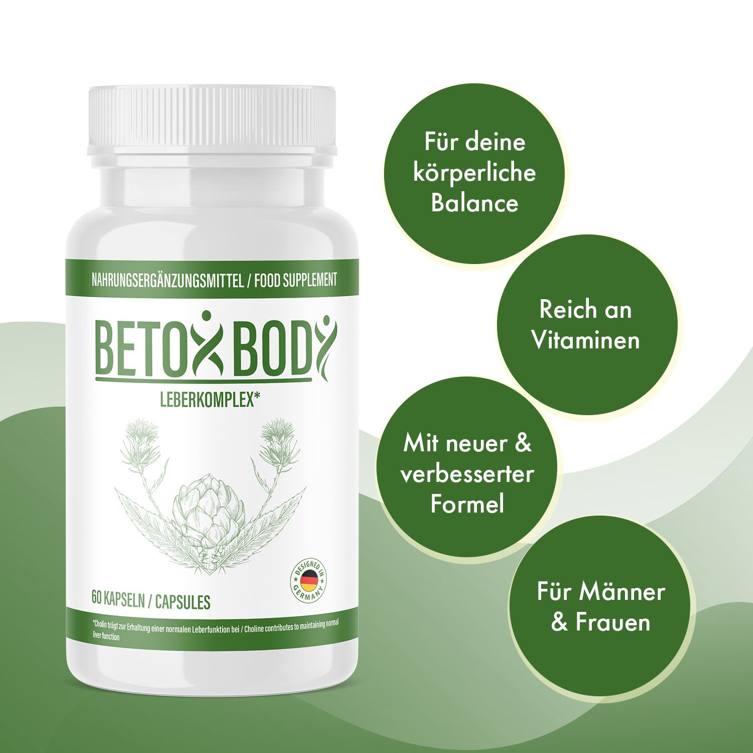 Weiße Flasche mit grüner Aufschrift. Enthält 60 Kapseln. Aufschrift: Betox Body Leberkomplex. Mit grünen Kreisen.