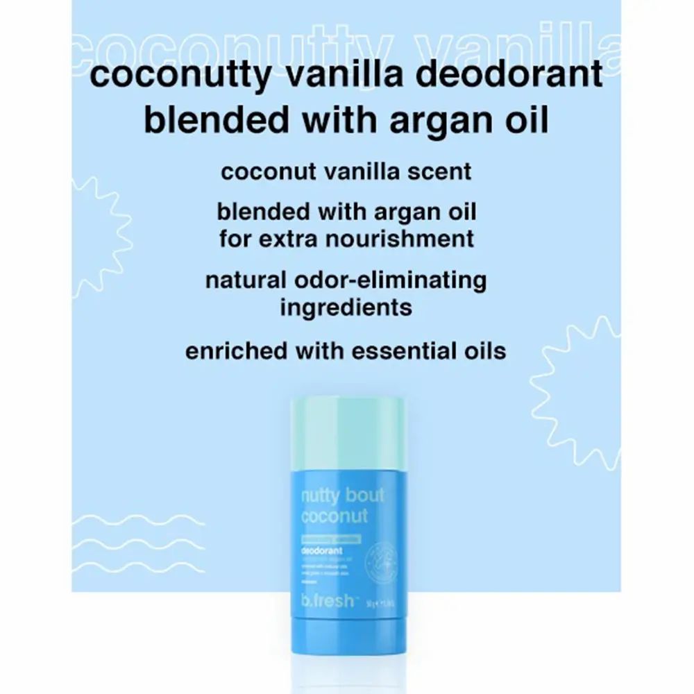 Blauer Deodorant-Stick mit weißem Deckel. Aufschrift: "nutty bout coconut". Text: "coconutty vanilla deodorant". Hintergrund mit Text.