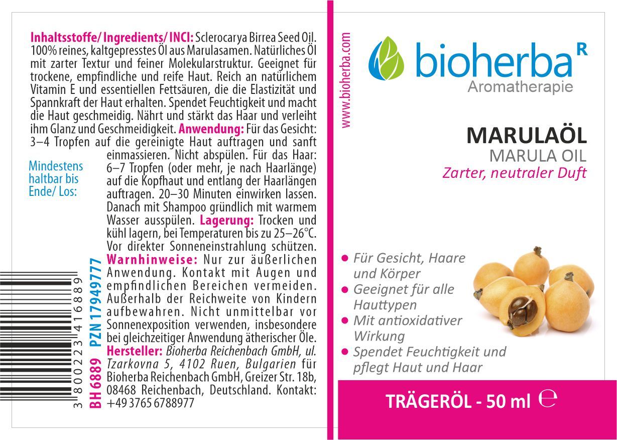 Weißes Etikett mit Produktinformationen und Logo. Text: Marulaöl, Trägeröl. Abbildung von Marula-Früchten.